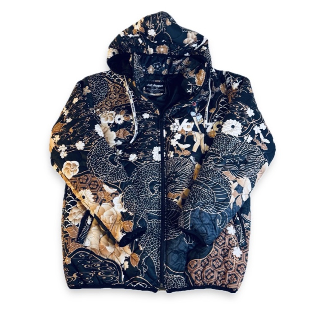 Valeza Lifestyle Puffer Jacket Anime Streetwear Dragon Floral Unisex Black Coat